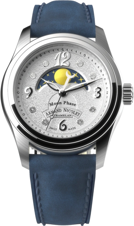 Armand Nicolet,M03 34mm,34mm,Stainless Steel,Silver,Quartz,Moonphase,Sapphire,Crystal Glass,A151KAA,A151KAA-AG-BP0886BU