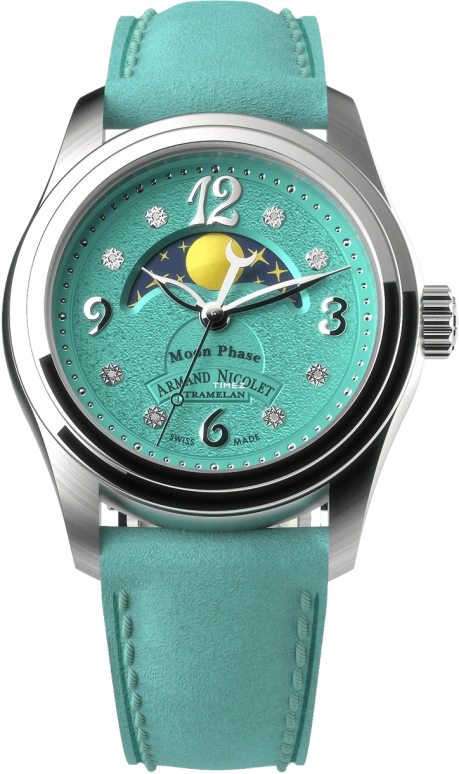 Armand Nicolet,M03 34mm,34mm,Stainless Steel,Green,Quartz,Moonphase,Sapphire,Crystal Glass,A151KAA,A151KAA-TF-BP0886TF