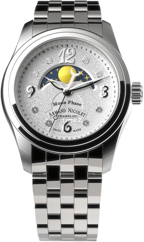 Armand Nicolet,M03 34mm,34mm,Stainless Steel,Silver,Quartz,Moonphase,Sapphire,Crystal Glass,A151KAA,A151KAA-AG-MA150