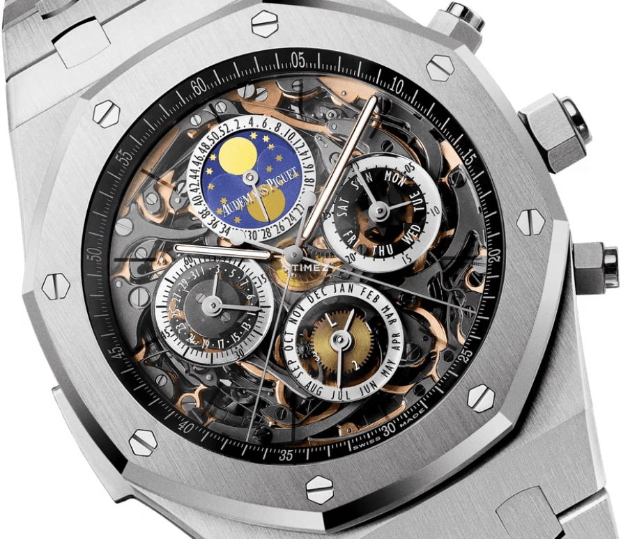 Audemars Piguet,Royal Oak 44mm,44mm,Stainless Steel,Transparent,Skeleton,Automatic,Chronograph,Perpetual Calendar,Leap Year,Month,45hours,In-house Caliber,26341ST,26341ST.OO.1105ST.01