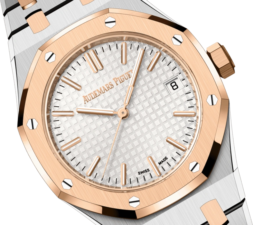Audemars Piguet,Royal Oak 37mm,37mm,Pink Gold,Stainless Steel,Silver,White,Silver White,Automatic,Day,60hours,15550SR,15550SR.OO.1356SR.01 50th