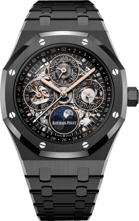 Audemars Piguet,Royal Oak 41mm,41mm,Titanium,Ceramic,Skeleton,Black,Automatic,Moonphase,Perpetual Calendar,Leap Year,Month,40hours,In-house Caliber,Khaled Mohamed Khaled,Mohamed Salah,Luka Dončić,Wilber Pan,DJ Khaled,Will Pan,26585CE,26585CE.OO.1225CE.01
