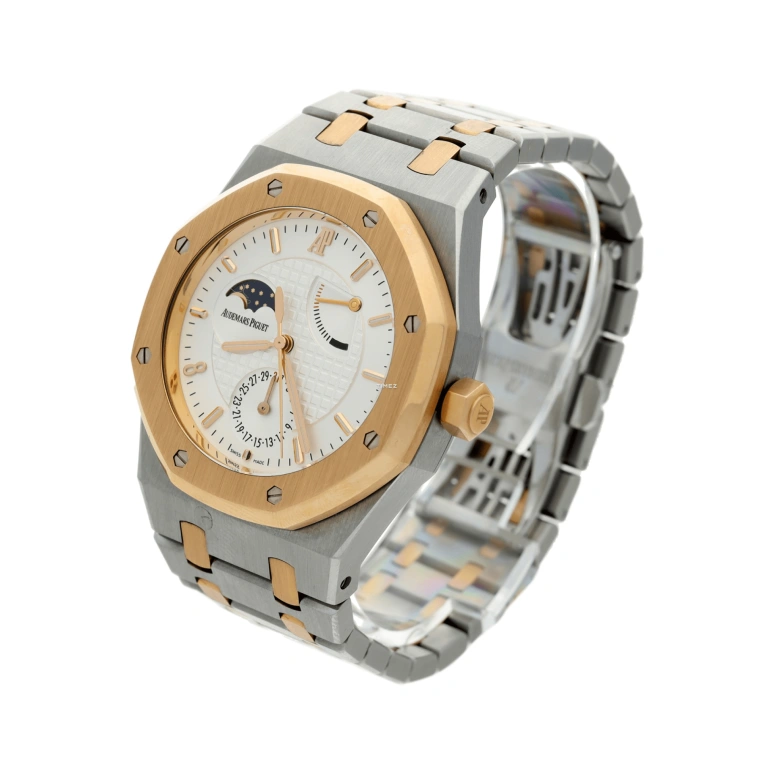 Audemars Piguet,Royal Oak 39mm,39mm,Rose Gold,Stainless Steel,Silver,White,Silver White,Automatic,Moonphase,Day,Power Reserve Indicator,26168SR,26168SR.OO.1220SR.02