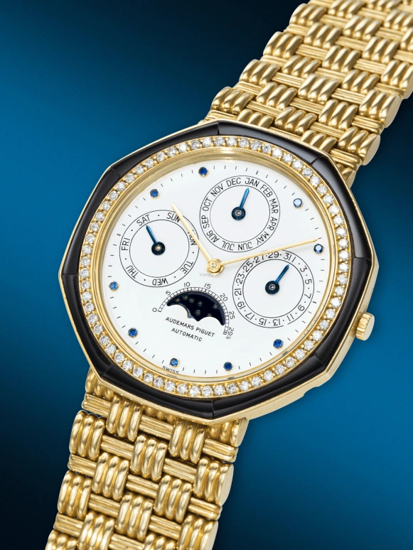 Audemars Piguet,Other 38mm,38mm,Yellow Gold,White,Automatic,Moonphase,Perpetual Calendar,Month,Date,Sapphire,Crystal Glass,Octagon,5551BA ONYX