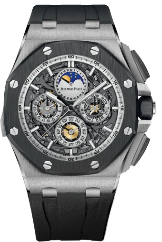 Audemars Piguet,Royal Oak Offshore 44mm,44mm,Titanium,Ceramic,Skeleton,Grey,Automatic,Chronograph,Moonphase,Perpetual Calendar,Month,45hours,In-house Caliber,26571IO,26571IO.OO.A002CA.01