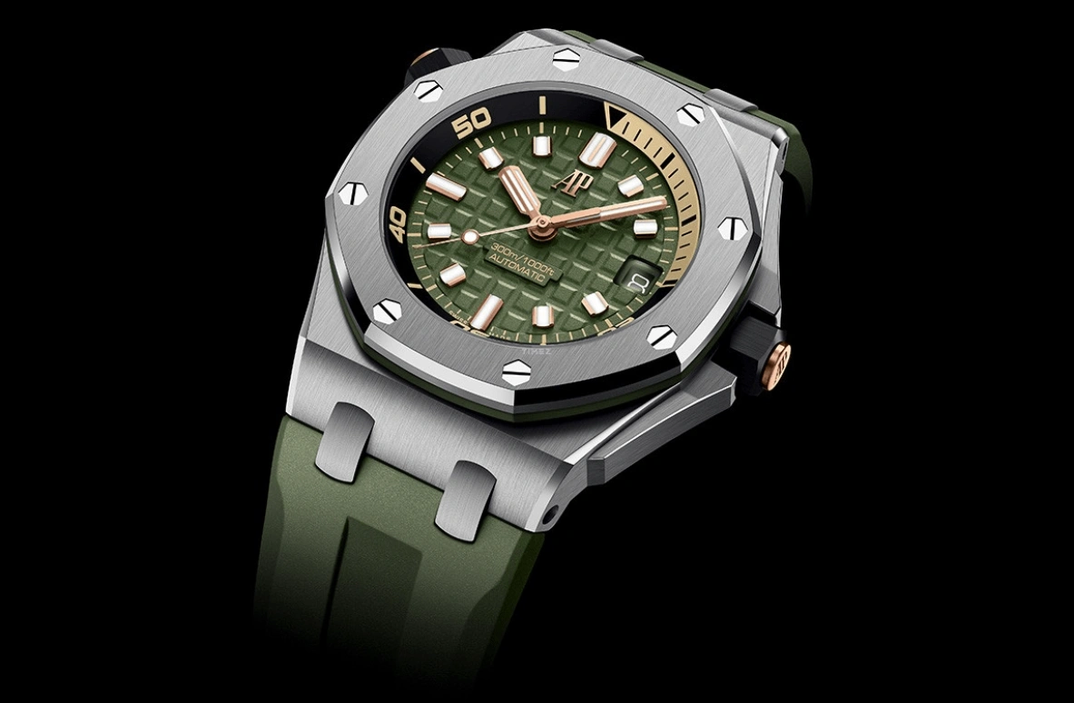 Audemars Piguet,Royal Oak Offshore 42mm,42mm,Stainless Steel,Pink Gold,Ceramic,Green,Automatic,Day,60hours,Wang Chang,15720ST,15720ST.OO.A052CA.01
