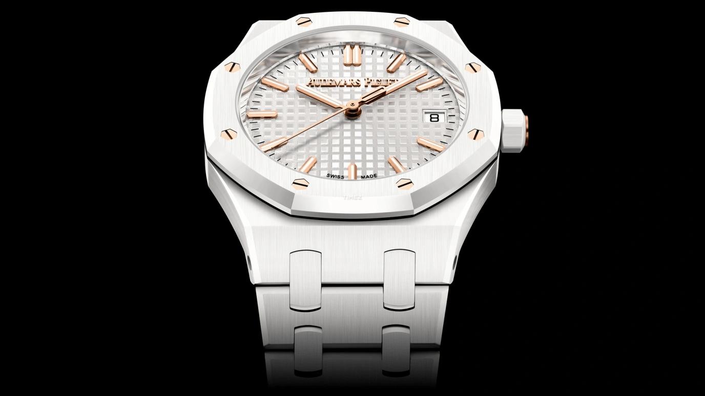 Audemars Piguet,Royal Oak 34mm,34mm,Ceramic,White,Silver,Automatic,Day,50hours,Bukayo Saka,77350CB,77350CB.OO.1266CB.01