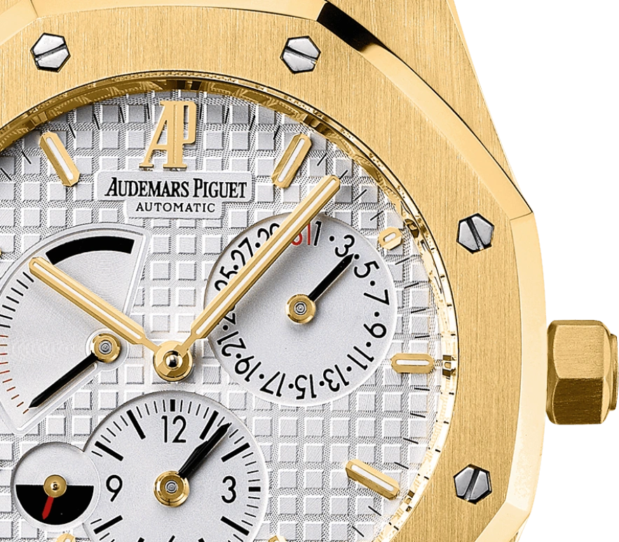 Audemars Piguet,Royal Oak 39mm,39mm,Yellow Gold,Silver,White,Silver White,Automatic,Day,Power Reserve Indicator,Dule Time,Day / Night Indication,38hours,In-house Caliber,26120BA,26120BA.OO.D088CR.01