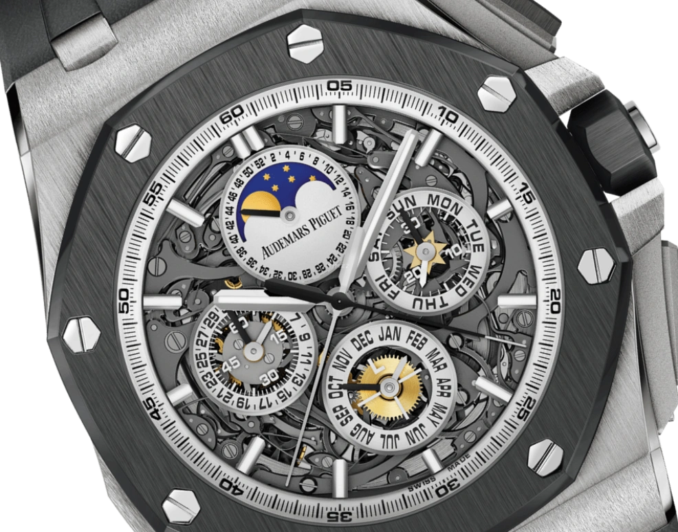 Audemars Piguet,Royal Oak Offshore 44mm,44mm,Titanium,Ceramic,Skeleton,Grey,Automatic,Chronograph,Moonphase,Perpetual Calendar,Month,45hours,In-house Caliber,26571IO,26571IO.OO.A002CA.01