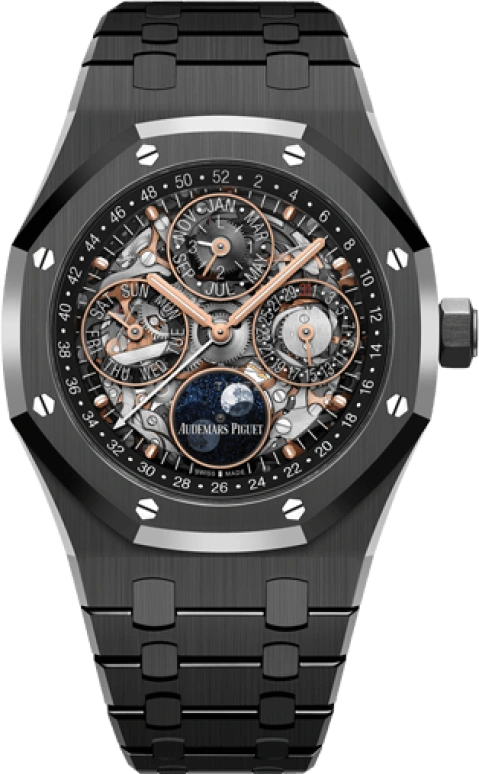 Audemars Piguet,Royal Oak 41mm,41mm,Titanium,Ceramic,Skeleton,Black,Automatic,Moonphase,Perpetual Calendar,Leap Year,Month,40hours,In-house Caliber,Khaled Mohamed Khaled,Mohamed Salah,Luka Dončić,Wilber Pan,DJ Khaled,Will Pan,26585CE,26585CE.OO.1225CE.01