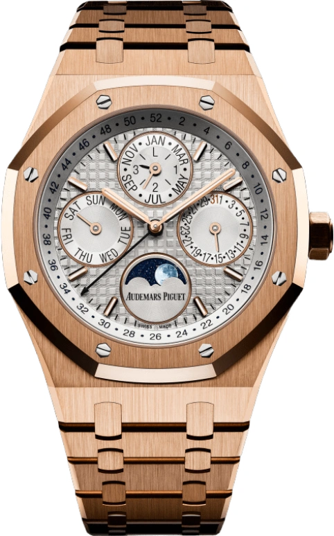 Audemars Piguet,Royal Oak 41mm,41mm,Pink Gold,Silver,White,Automatic,Moonphase,Perpetual Calendar,Leap Year,Month,40hours,In-house Caliber,Karim Benzema,26574OR,26574OR.OO.1220OR.01