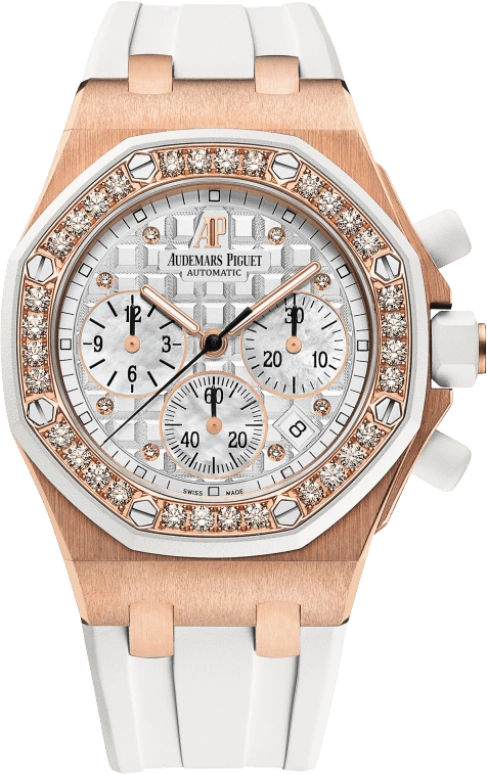 Audemars Piguet,Royal Oak Offshore 37mm,37mm,Pink Gold,Rubber,White,Silver,Automatic,Chronograph,Day,26048OK,26048OK.ZZ.D010CA.01