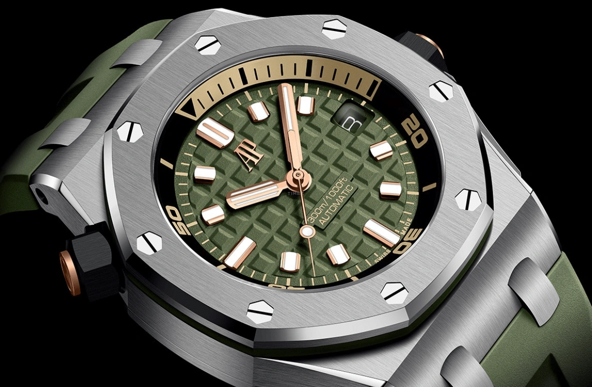 Audemars Piguet,Royal Oak Offshore 42mm,42mm,Stainless Steel,Pink Gold,Ceramic,Green,Automatic,Day,60hours,Wang Chang,15720ST,15720ST.OO.A052CA.01