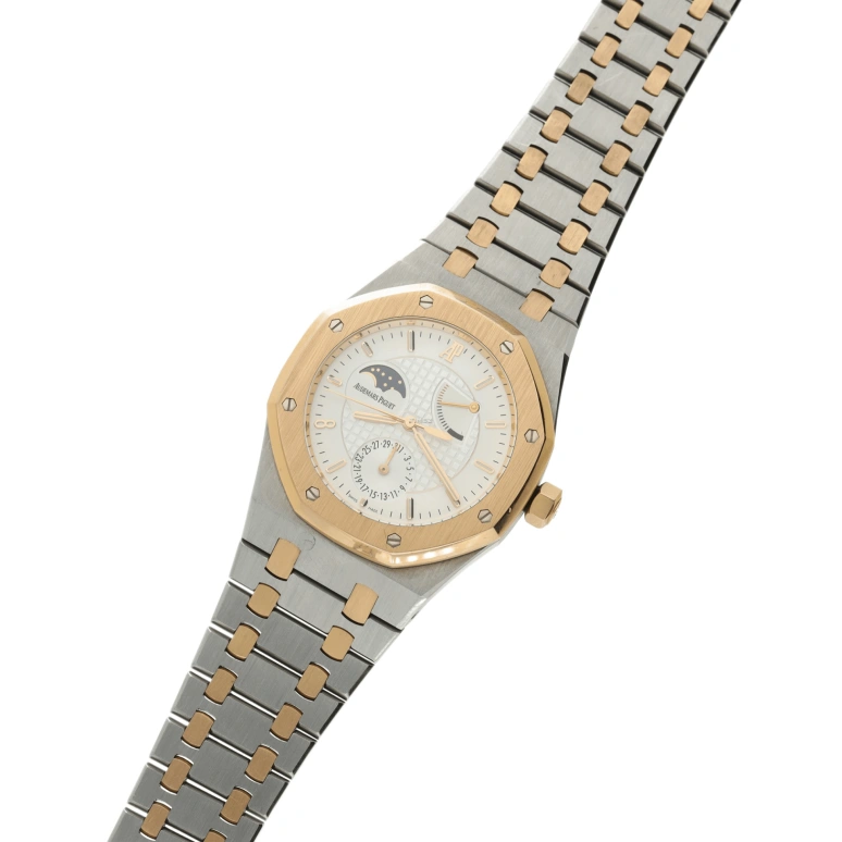 Audemars Piguet,Royal Oak 39mm,39mm,Rose Gold,Stainless Steel,Silver,White,Silver White,Automatic,Moonphase,Day,Power Reserve Indicator,26168SR,26168SR.OO.1220SR.02