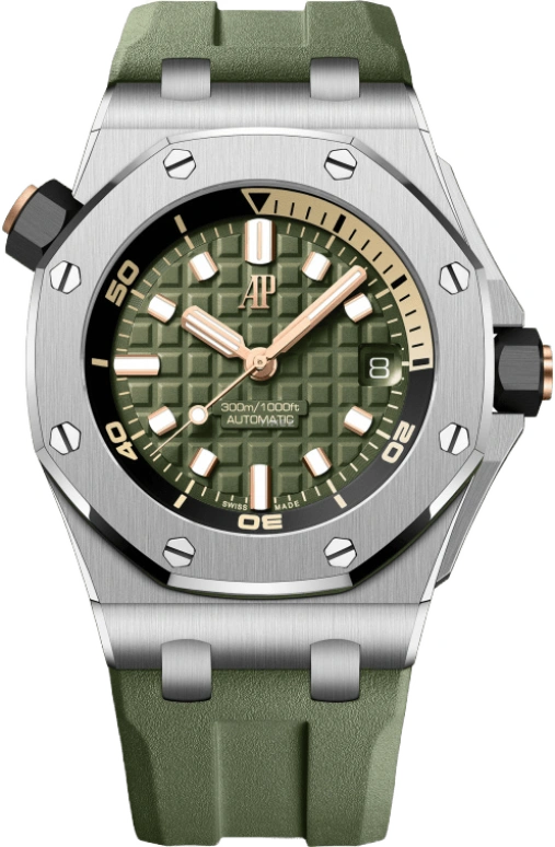 Audemars Piguet,Royal Oak Offshore 42mm,42mm,Stainless Steel,Pink Gold,Ceramic,Green,Automatic,Day,60hours,Wang Chang,15720ST,15720ST.OO.A052CA.01