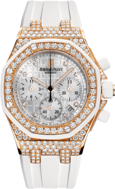 Audemars Piguet,Royal Oak Offshore 37mm,37mm,Pink Gold,Rubber,Silver,White,Automatic,Chronograph,Day,26092OK,26092OK.ZZ.D010CA.01