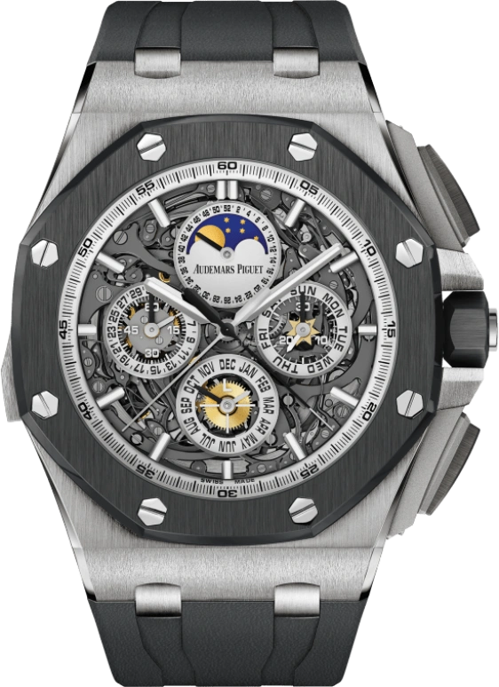 Audemars Piguet,Royal Oak Offshore 44mm,44mm,Titanium,Ceramic,Skeleton,Grey,Automatic,Chronograph,Moonphase,Perpetual Calendar,Month,45hours,In-house Caliber,26571IO,26571IO.OO.A002CA.01