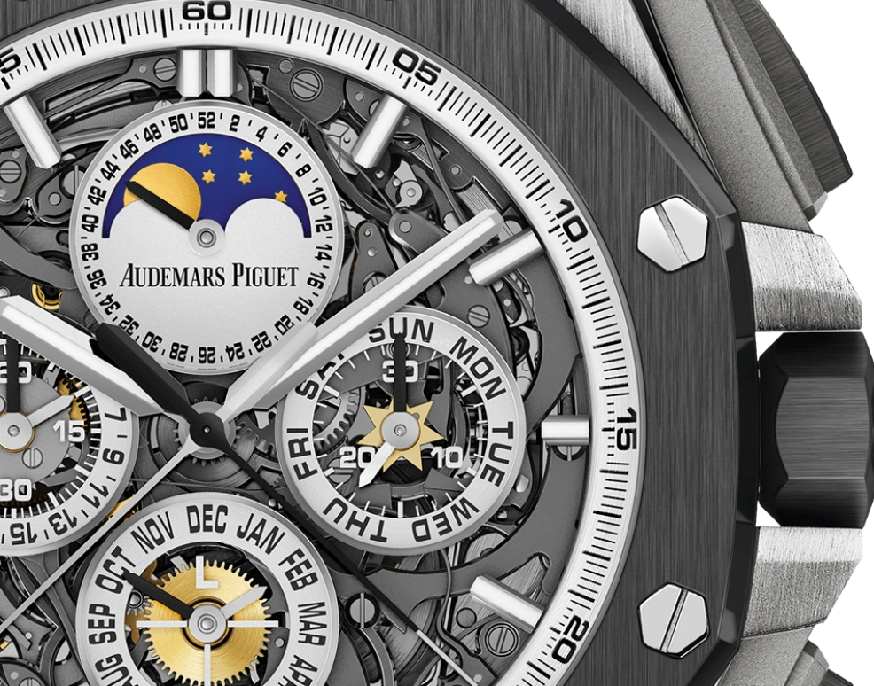 Audemars Piguet,Royal Oak Offshore 44mm,44mm,Titanium,Ceramic,Skeleton,Grey,Automatic,Chronograph,Moonphase,Perpetual Calendar,Month,45hours,In-house Caliber,26571IO,26571IO.OO.A002CA.01