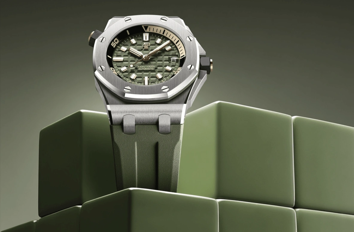 Audemars Piguet,Royal Oak Offshore 42mm,42mm,Stainless Steel,Pink Gold,Ceramic,Green,Automatic,Day,60hours,Wang Chang,15720ST,15720ST.OO.A052CA.01