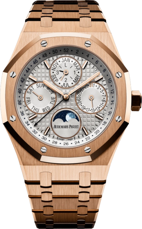 Audemars Piguet,Royal Oak 41mm,41mm,Pink Gold,Silver,White,Automatic,Moonphase,Perpetual Calendar,Leap Year,Month,40hours,In-house Caliber,Karim Benzema,26574OR,26574OR.OO.1220OR.01