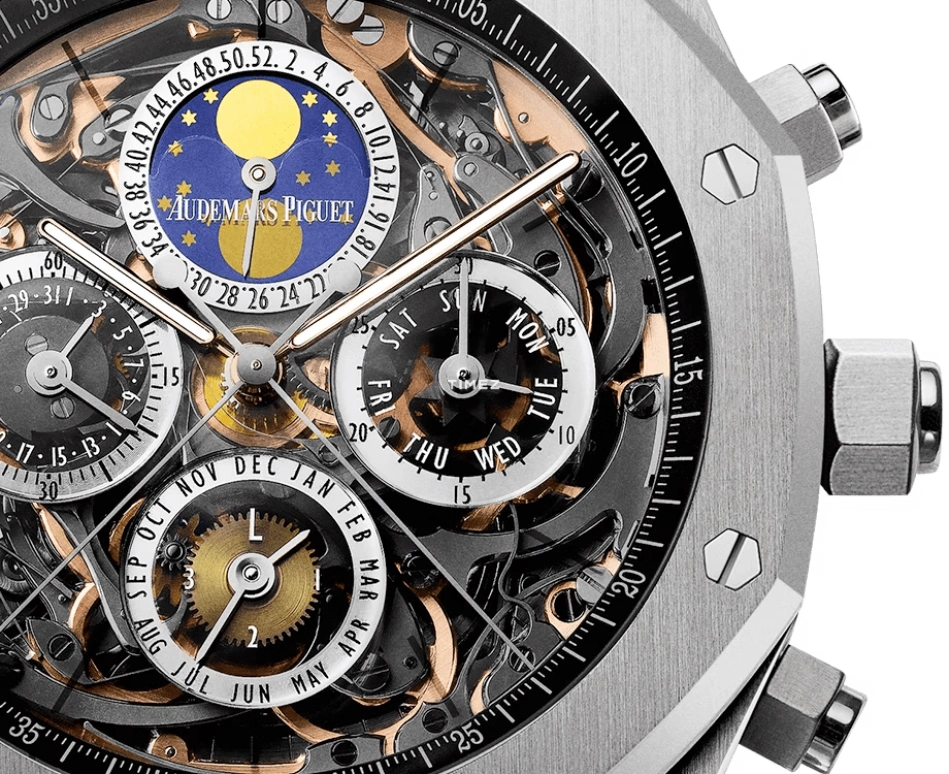 Audemars Piguet,Royal Oak 44mm,44mm,Stainless Steel,Transparent,Skeleton,Automatic,Chronograph,Perpetual Calendar,Leap Year,Month,45hours,In-house Caliber,26341ST,26341ST.OO.1105ST.01