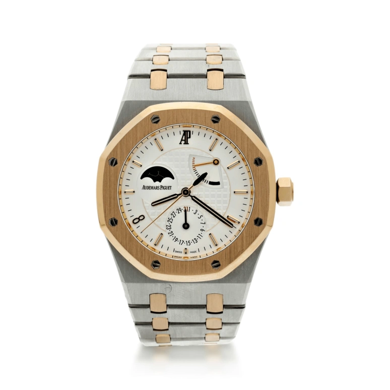 Audemars Piguet,Royal Oak 39mm,39mm,Rose Gold,Stainless Steel,Silver,White,Silver White,Automatic,Moonphase,Day,Power Reserve Indicator,26168SR,26168SR.OO.1220SR.02
