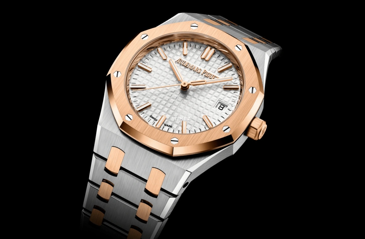 Audemars Piguet,Royal Oak 34mm,34mm,Stainless Steel,Rose Gold,Silver,White,Automatic,Day,50hours,77450SR,77450SR.OO.1361SR.02