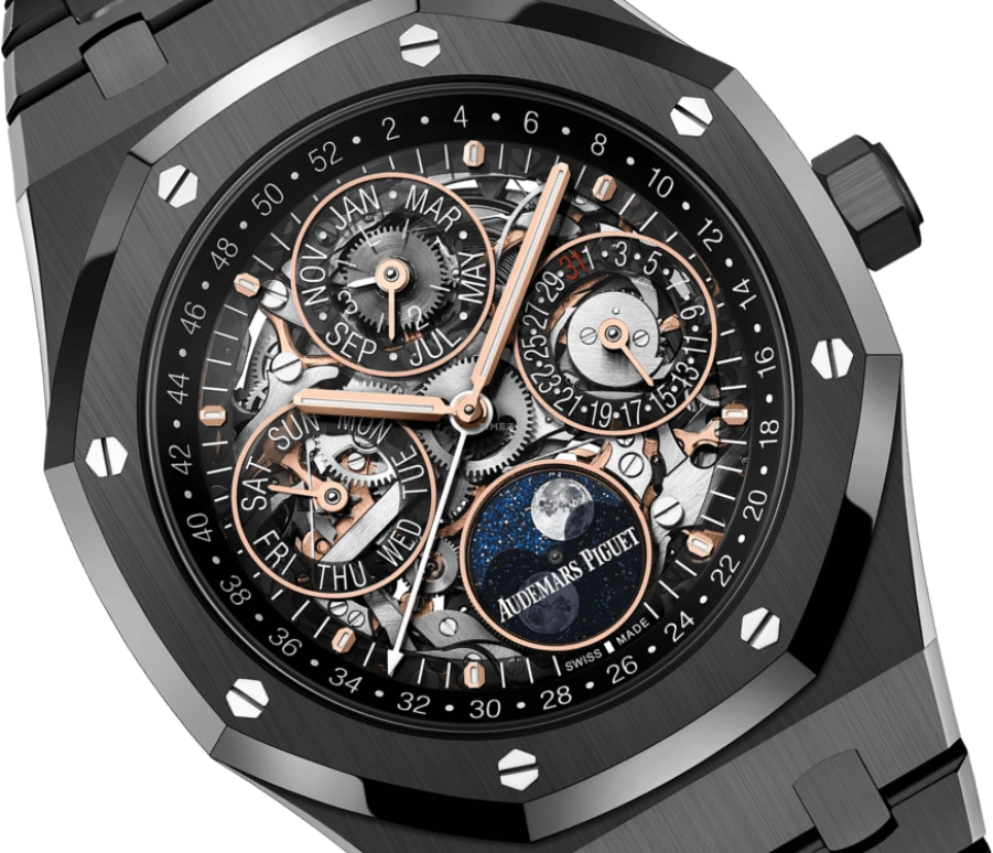 Audemars Piguet,Royal Oak 41mm,41mm,Titanium,Ceramic,Skeleton,Black,Automatic,Moonphase,Perpetual Calendar,Leap Year,Month,40hours,In-house Caliber,Khaled Mohamed Khaled,Mohamed Salah,Luka Dončić,Wilber Pan,DJ Khaled,Will Pan,26585CE,26585CE.OO.1225CE.01