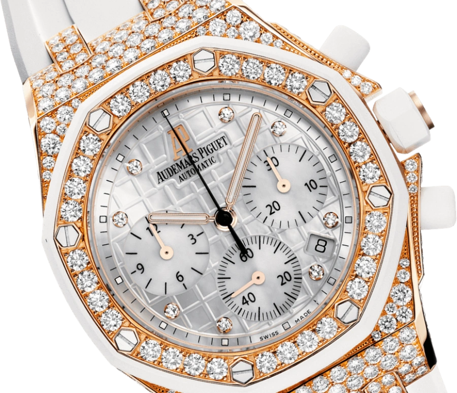 Audemars Piguet,Royal Oak Offshore 37mm,37mm,Pink Gold,Rubber,Silver,White,Automatic,Chronograph,Day,26092OK,26092OK.ZZ.D010CA.01