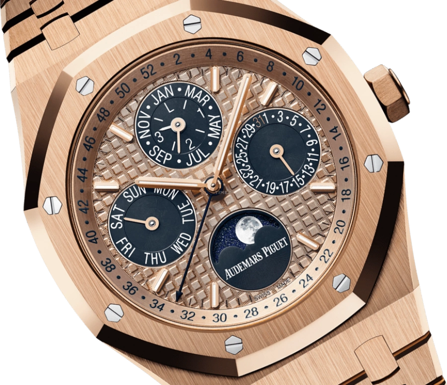 Audemars Piguet,Royal Oak 41mm,41mm,Pink Gold,Rose Gold,Blue,Automatic,Moonphase,Perpetual Calendar,Annual Calendar,Month,40hours,In-house Caliber,26584OR,26584OR.OO.1220OR.01