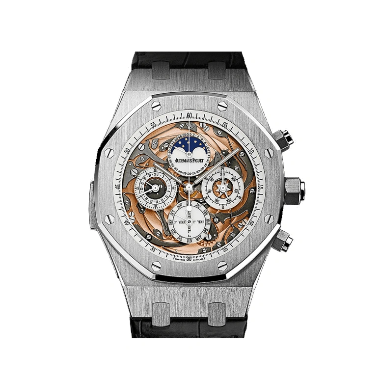 Audemars Piguet,Royal Oak 44mm,44mm,Stainless Steel,Skeleton,Rose Gold,Handwound,Chronograph,Moonphase,Perpetual Calendar,Leap Year,72hours,In-house Caliber,26065ST,26065ST.OO.D002CR.01