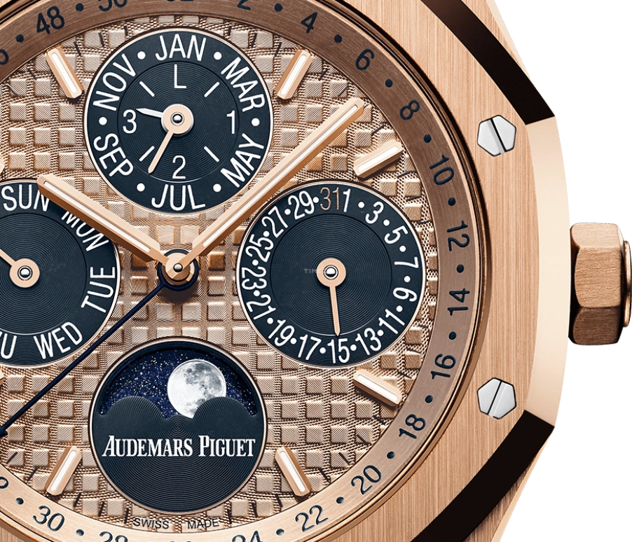 Audemars Piguet,Royal Oak 41mm,41mm,Pink Gold,Rose Gold,Blue,Automatic,Moonphase,Perpetual Calendar,Annual Calendar,Month,40hours,In-house Caliber,26584OR,26584OR.OO.1220OR.01