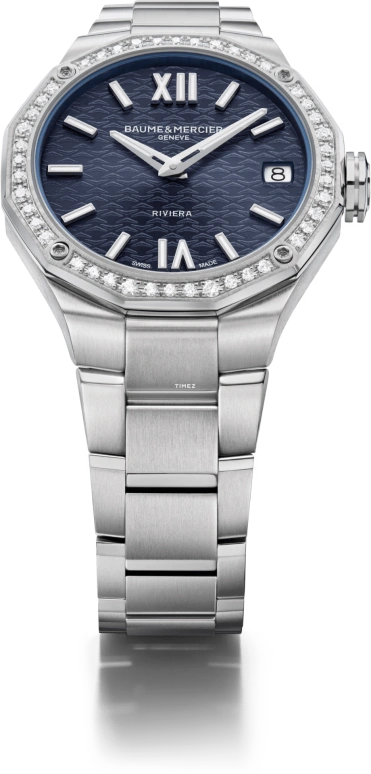 Baume & Mercier,Riviera 33mm,33mm,Stainless Steel,Blue,Quartz,Day,Sapphire,Crystal Glass,10765