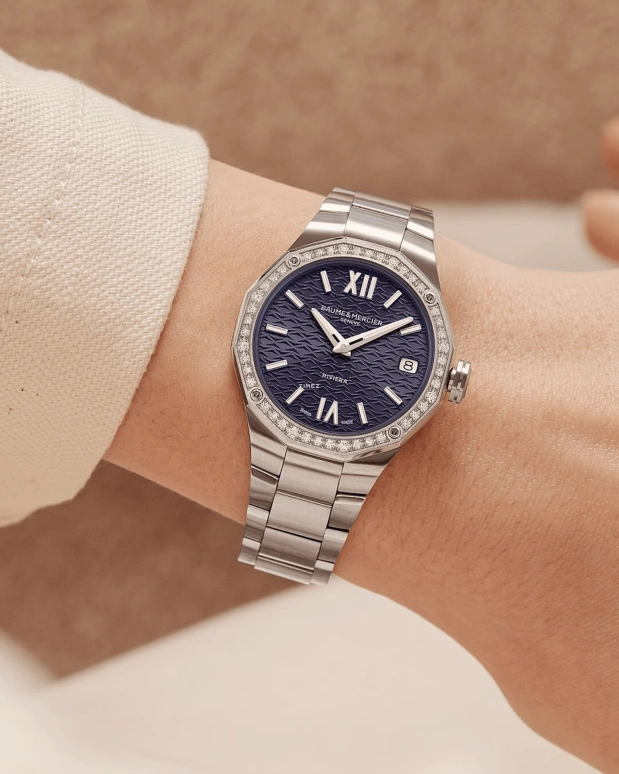 Baume & Mercier,Riviera 33mm,33mm,Stainless Steel,Blue,Quartz,Day,Sapphire,Crystal Glass,10765