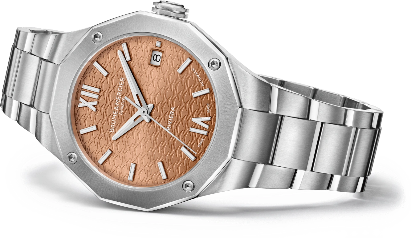 Baume & Mercier,Riviera 36mm,36mm,Stainless Steel,Orange Pink,Automatic,Day,Sapphire,Crystal Glass,10764