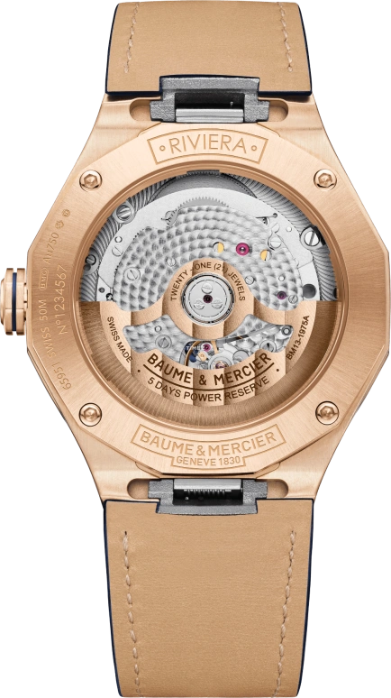 Baume & Mercier,Riviera 39mm,39mm,Rose Gold,Blue,See-through,Automatic,Day,In-house Caliber,10815