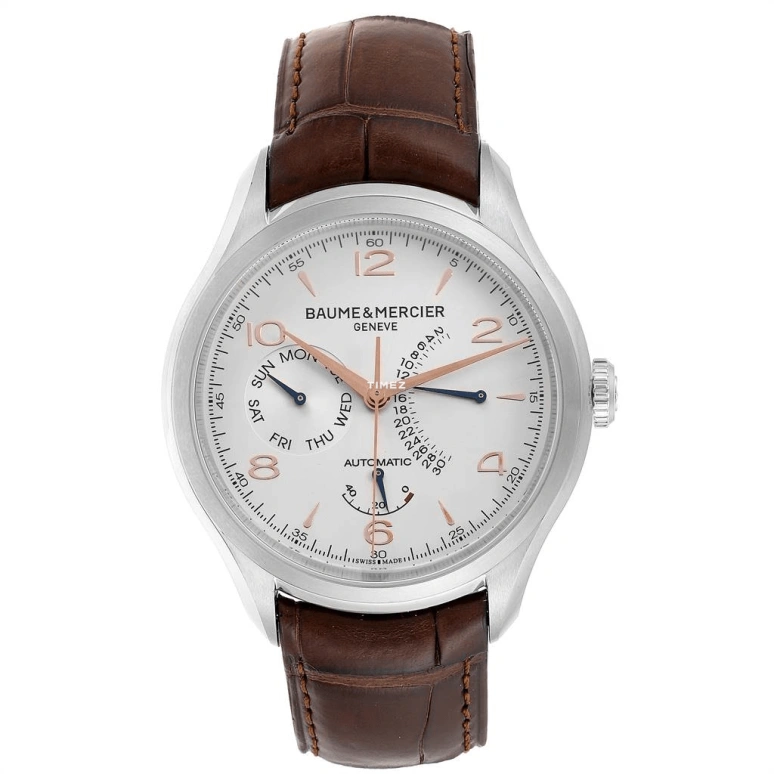 Baume & Mercier,Clifton 43mm,43mm,Stainless Steel,Silver,Automatic,Date,Day,Power Reserve Indicator,Retrograde,42hours,Sapphire,Crystal Glass,10149