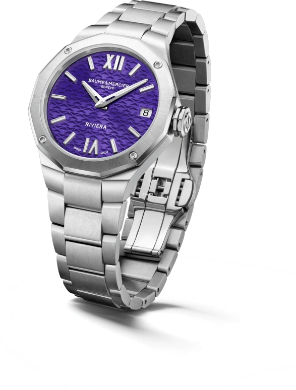 Baume & Mercier,Riviera 33mm,33mm,Stainless Steel,Purple,Quartz,Day,Sapphire,Crystal Glass,10728