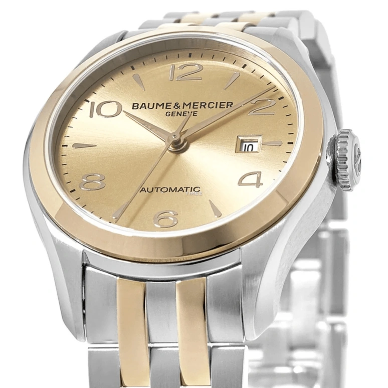 Baume & Mercier,Clifton 30mm,30mm,Stainless Steel,Gold,Automatic,Day,Sapphire,Crystal Glass,10351