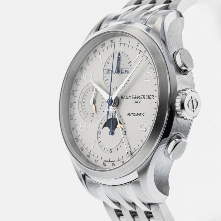 Baume & Mercier,Clifton 43mm,43mm,Stainless Steel,Silver,Automatic,Chronograph,Moonphase,Month,Date,Sapphire,Crystal Glass,Round,10328