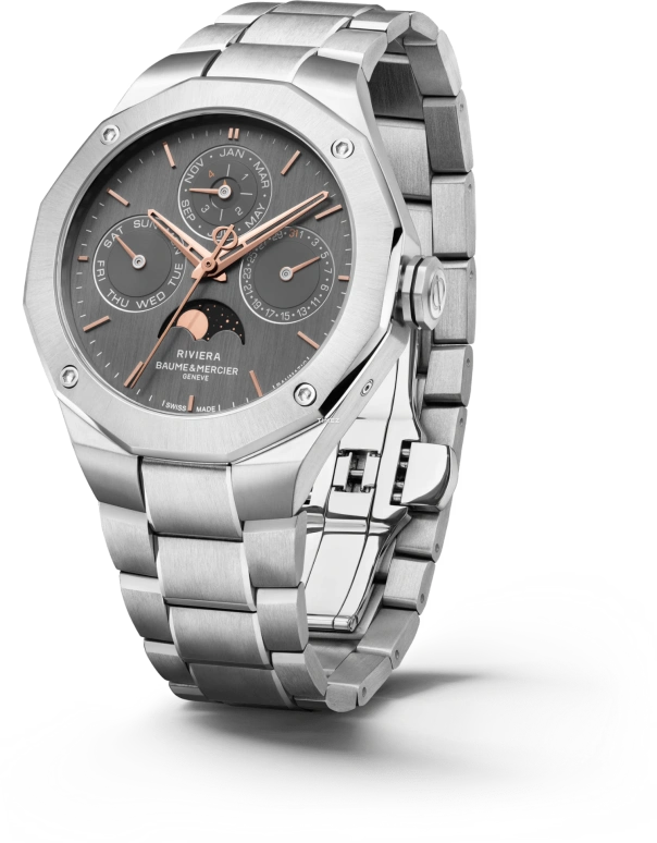 Baume & Mercier,Riviera 40mm,40mm,Stainless Steel,Grey,Automatic,Moonphase,Perpetual Calendar,Leap Year,Month,Sapphire,Crystal Glass,Twelve edge,10786