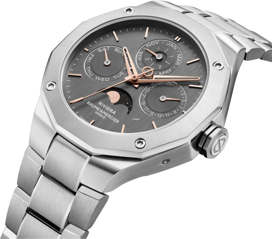 Baume & Mercier,Riviera 40mm,40mm,Stainless Steel,Grey,Automatic,Moonphase,Perpetual Calendar,Leap Year,Month,Sapphire,Crystal Glass,Twelve edge,10786
