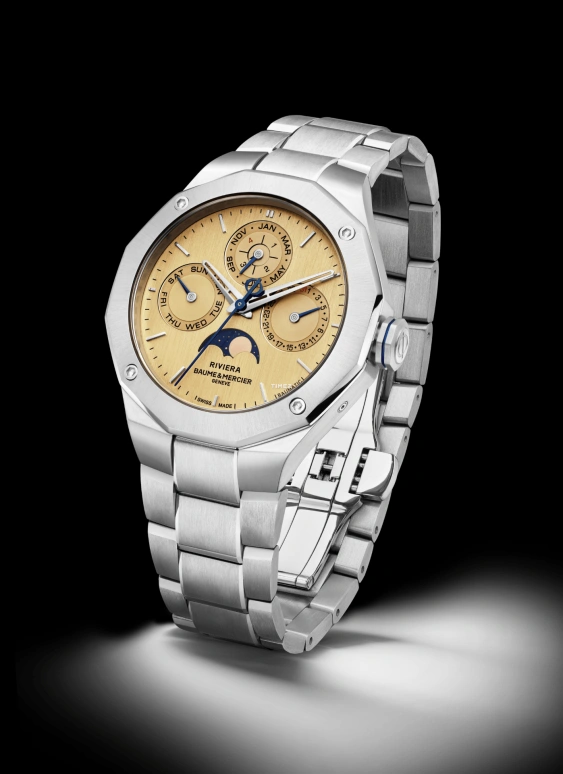 Baume & Mercier,Riviera 40mm,40mm,Stainless Steel,Yellow,Automatic,Moonphase,Perpetual Calendar,Leap Year,Month,120hours,In-house Caliber,10742