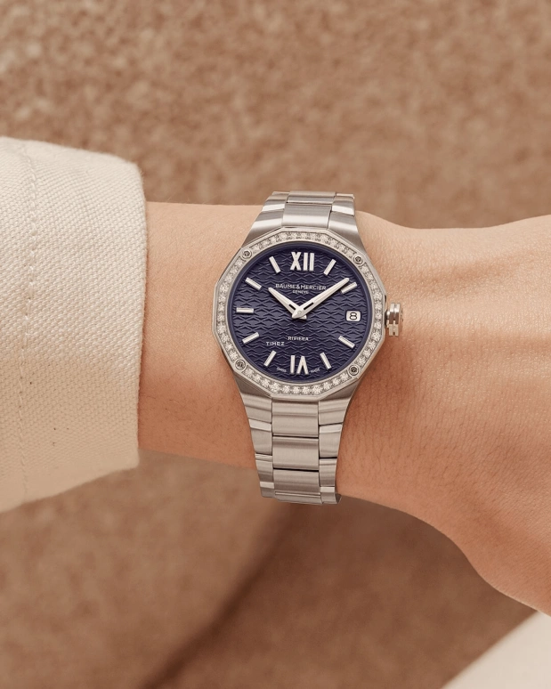 Baume & Mercier,Riviera 33mm,33mm,Stainless Steel,Blue,Quartz,Day,Sapphire,Crystal Glass,10765