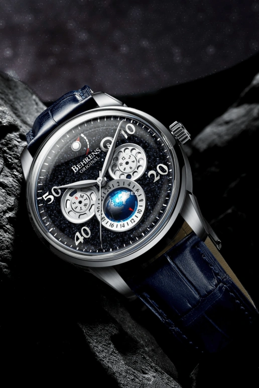 Behrens,Original 42mm,42mm,Stainless Steel,Stainless Steel,Blue,Automatic,Month,Date,Day,Power Reserve Indicator,Sapphire,Round,BHR005