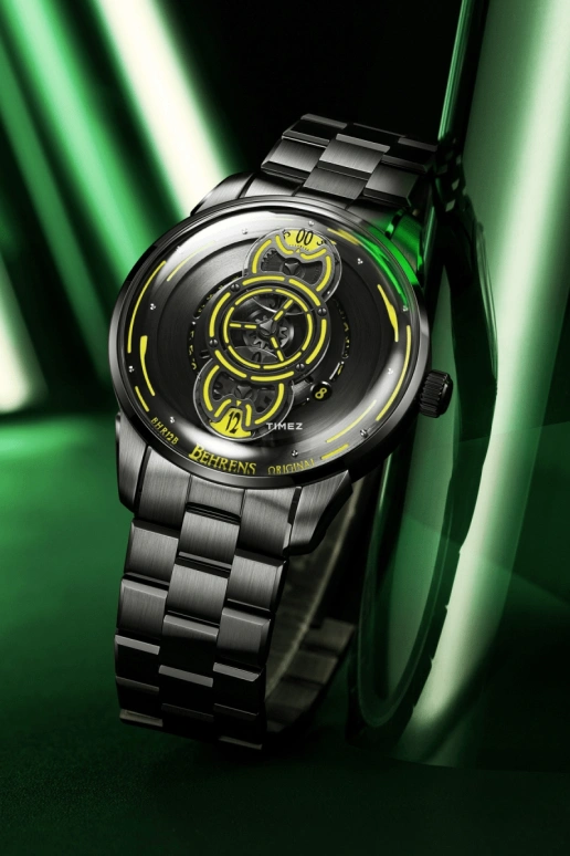 Behrens,Original 42mm,42mm,Stainless Steel,Black,Yellow,Automatic,Day,Sapphire,BHR012B,BHR012B-W