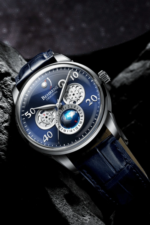 Behrens,Original 42mm,42mm,Stainless Steel,Stainless Steel,Blue,Automatic,Month,Date,Day,Power Reserve Indicator,Sapphire,Round,BHR005,BHR005-02