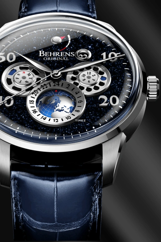 Behrens,Original 42mm,42mm,Stainless Steel,Stainless Steel,Blue,Automatic,Month,Date,Day,Power Reserve Indicator,Sapphire,Round,BHR005