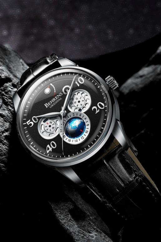 Behrens,Original 42mm,42mm,Stainless Steel,Stainless Steel,Black,Automatic,Month,Date,Day,Power Reserve Indicator,Sapphire,Round,BHR005,BHR005-01