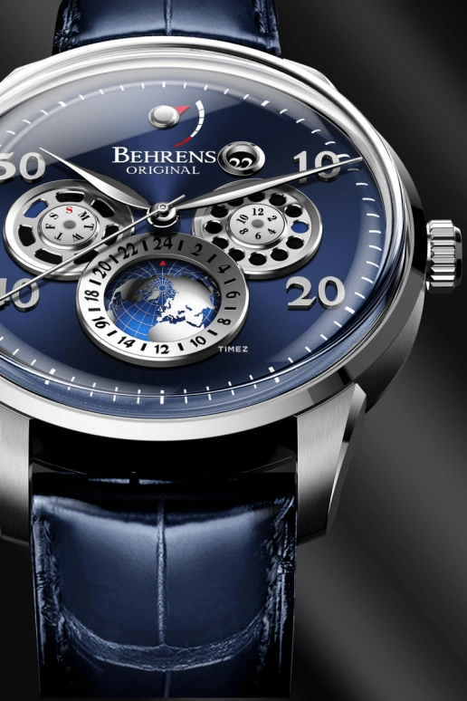 Behrens,Original 42mm,42mm,Stainless Steel,Stainless Steel,Blue,Automatic,Month,Date,Day,Power Reserve Indicator,Sapphire,Round,BHR005,BHR005-02